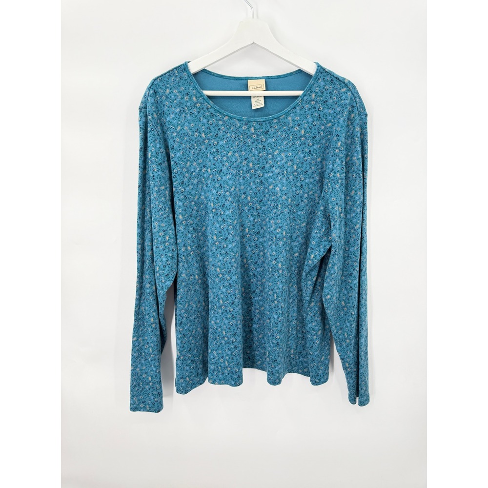 LL Bean Top Womens 3X Blue Floral Long Sleeve Cotton Crew Neck Tee 0FCD4